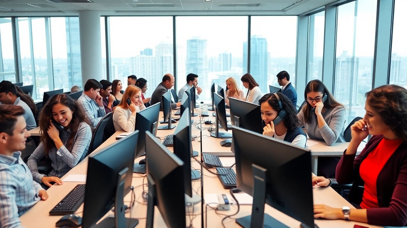 Office workers answering multiple phone calls at desks