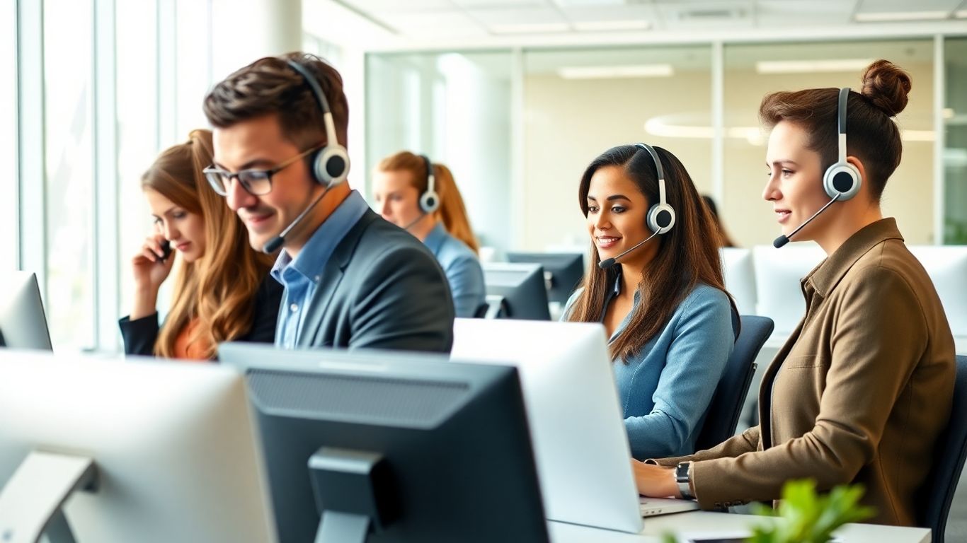 Team using phones in modern office workspace