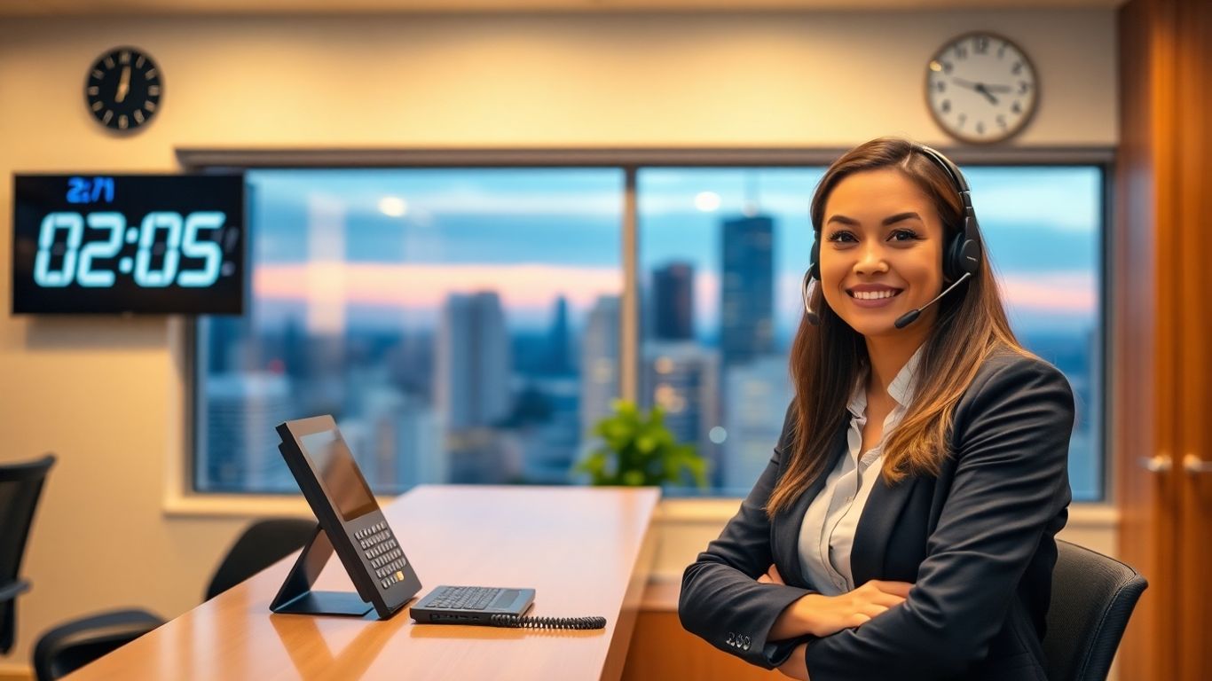 Receptionist answering calls in a modern office at dusk.