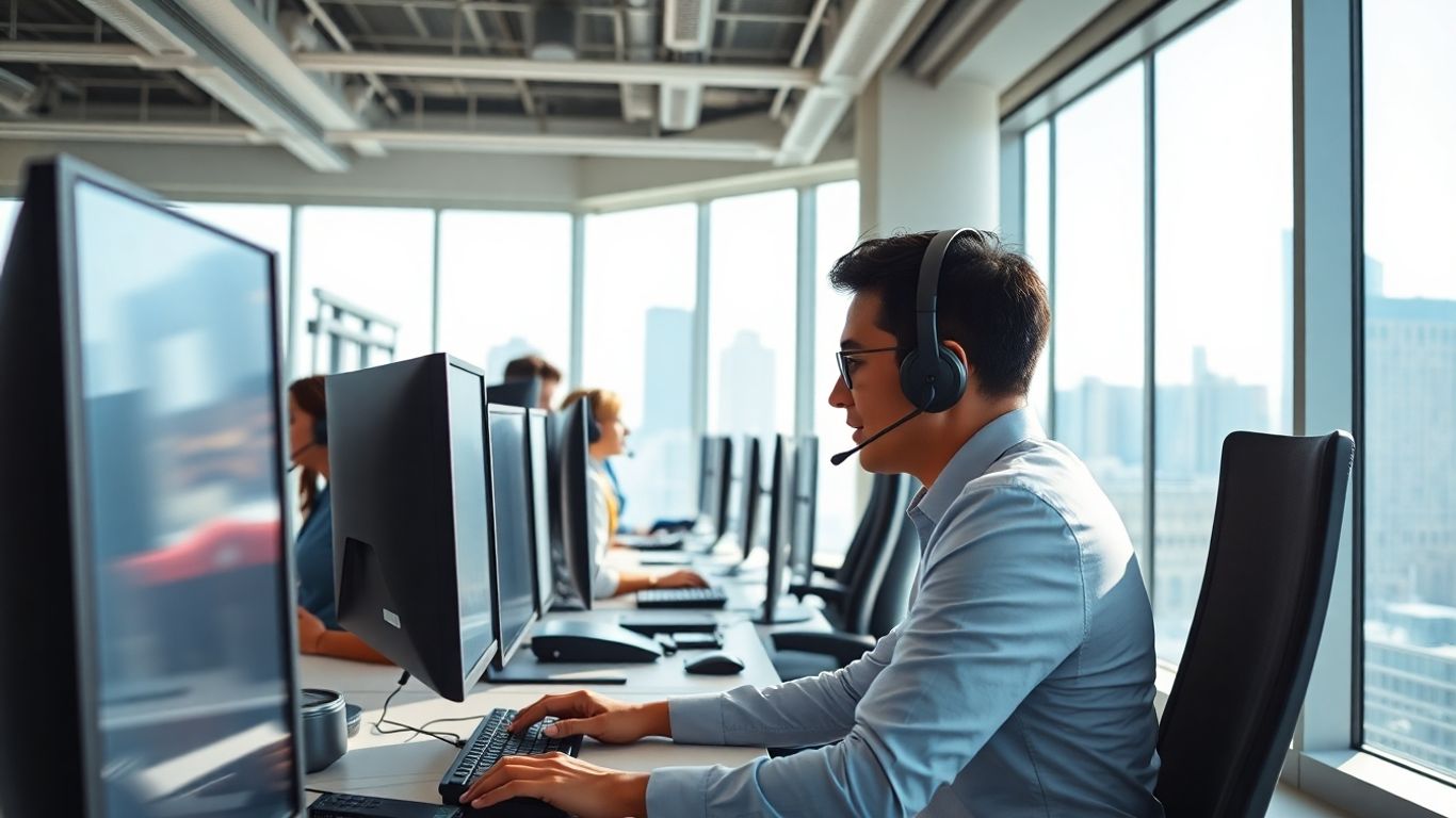 Bright office team with headsets and computers working.