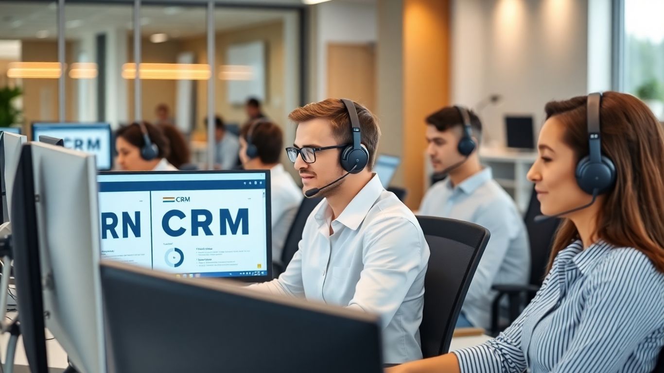 Professionals using headsets and CRM software in a modern office