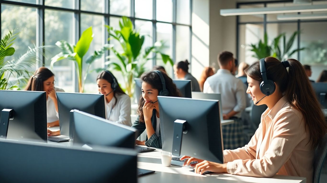 Office team efficiently answering calls and collaborating