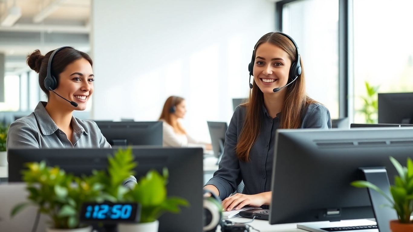 Customer service team answering calls in modern office