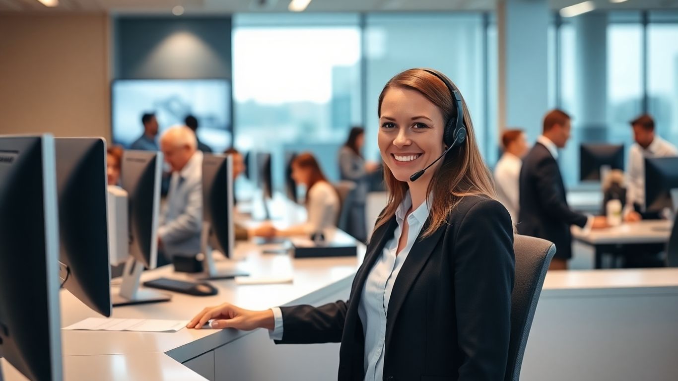 Professional receptionist with headset assisting business clients