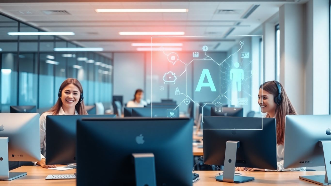 Receptionists with headsets in modern office using AI technology