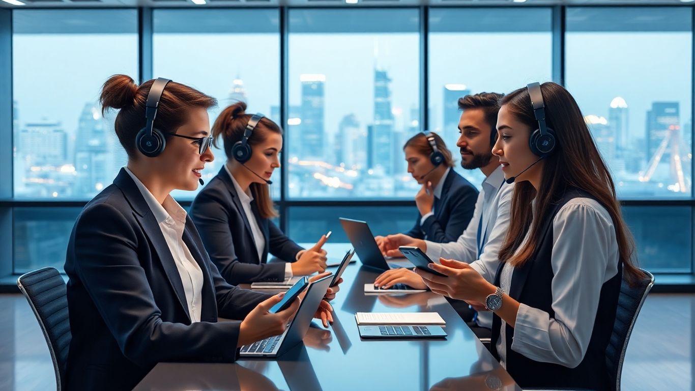 Business professionals using AI devices in a modern office