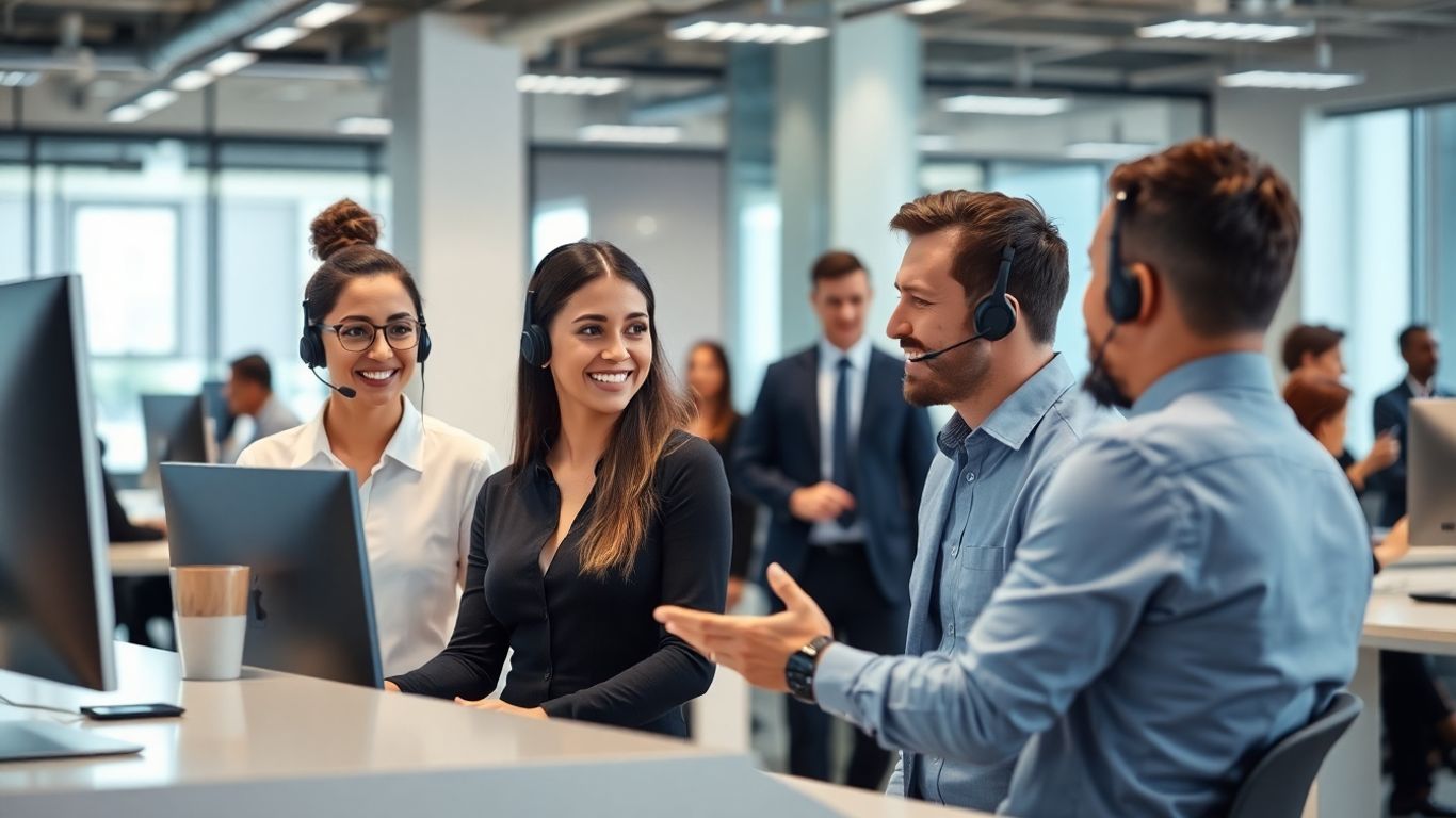 Receptionists in office helping business owners with headsets