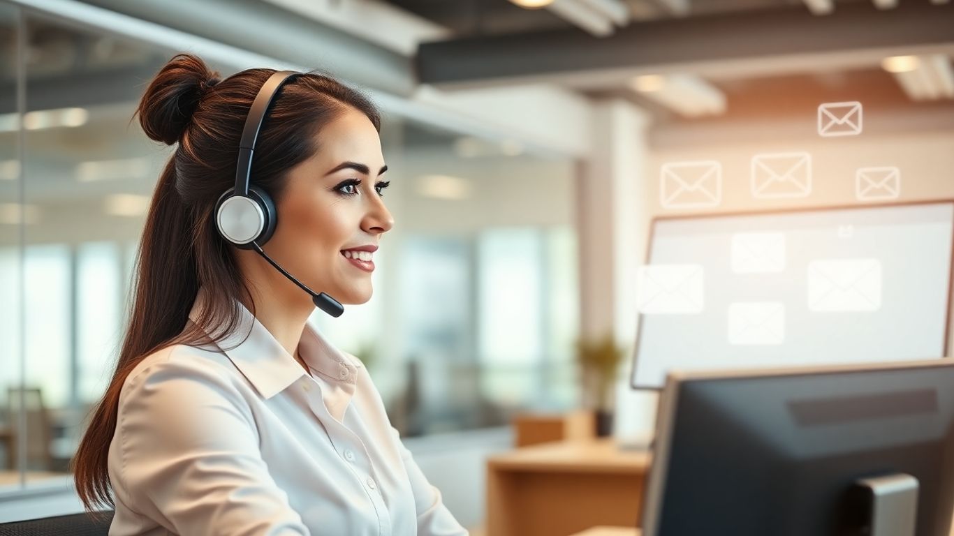 Receptionist with headset managing voicemails at desk