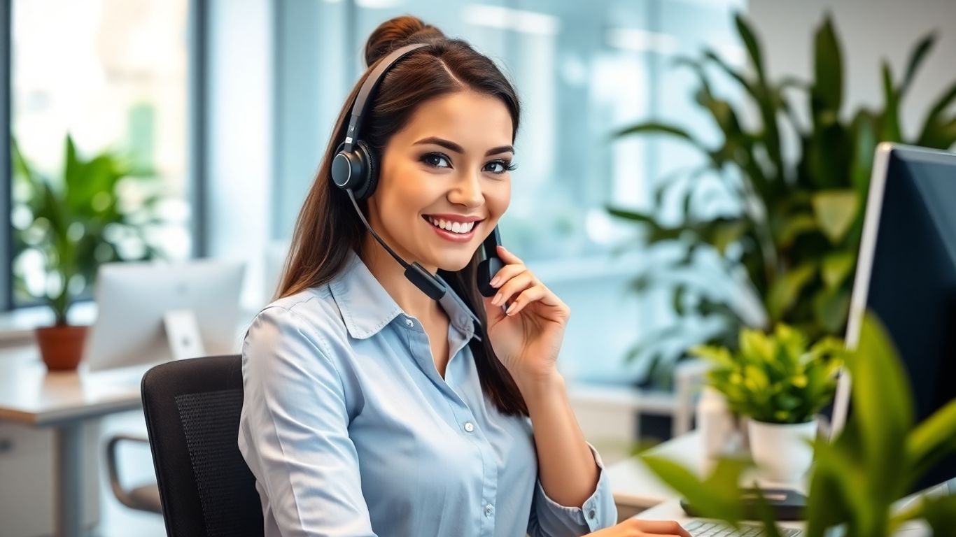 Receptionist answering phone in modern office, headset on.