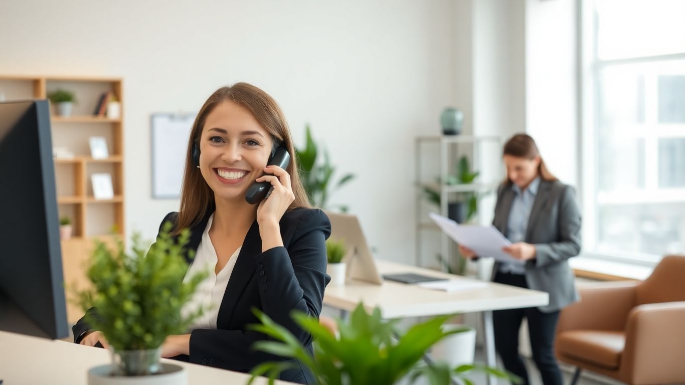 Receptionist answering phone in modern business office