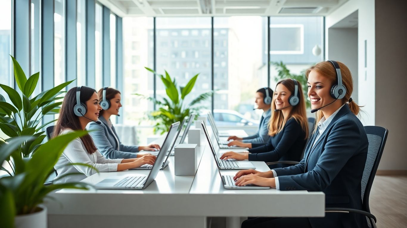 Receptionists answering phones in a busy modern office