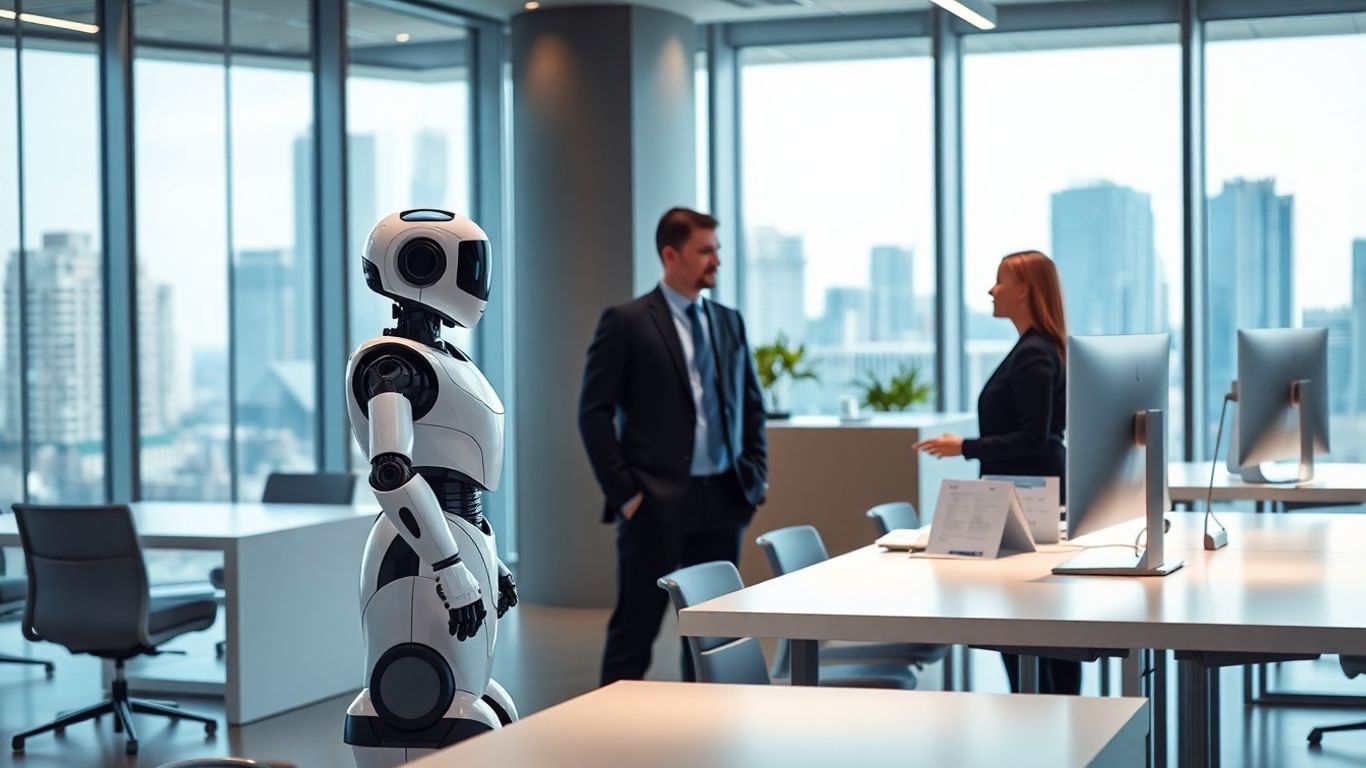 AI receptionist assisting business professional in modern office