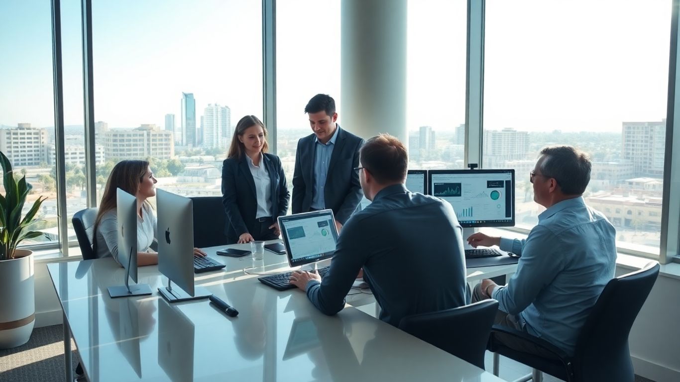 Business owners in a Tempe office with laptops