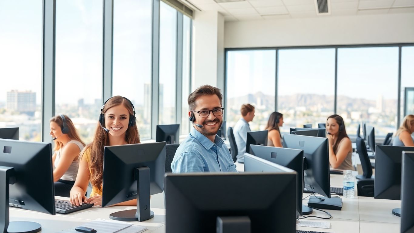 Customer service team answering multiple calls in Tempe office