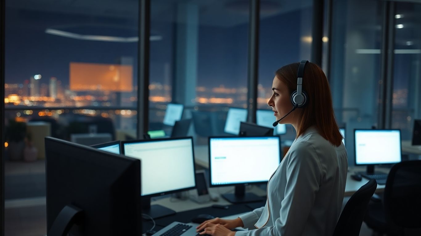 Receptionist answering calls in a Sarasota office at night.