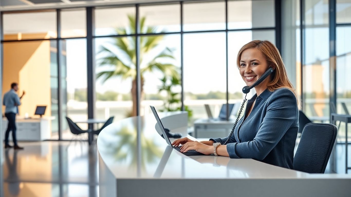 Receptionist answers phone in modern Sarasota office.