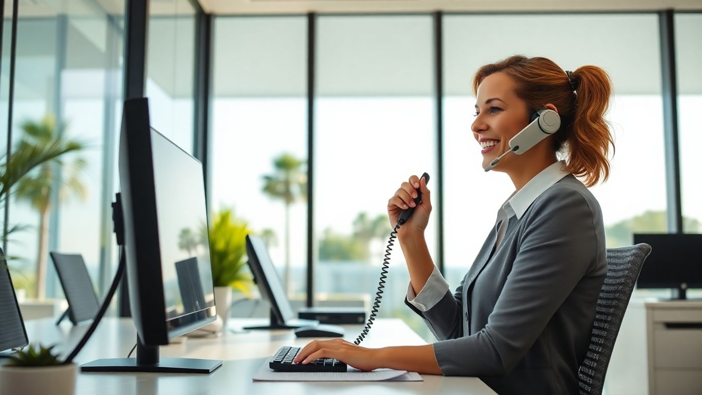 Businesswoman in Sarasota office using phone and computer