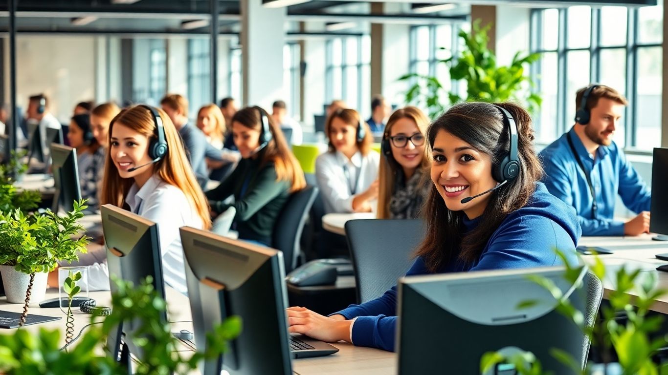 Professional office workers on headsets in busy workspace