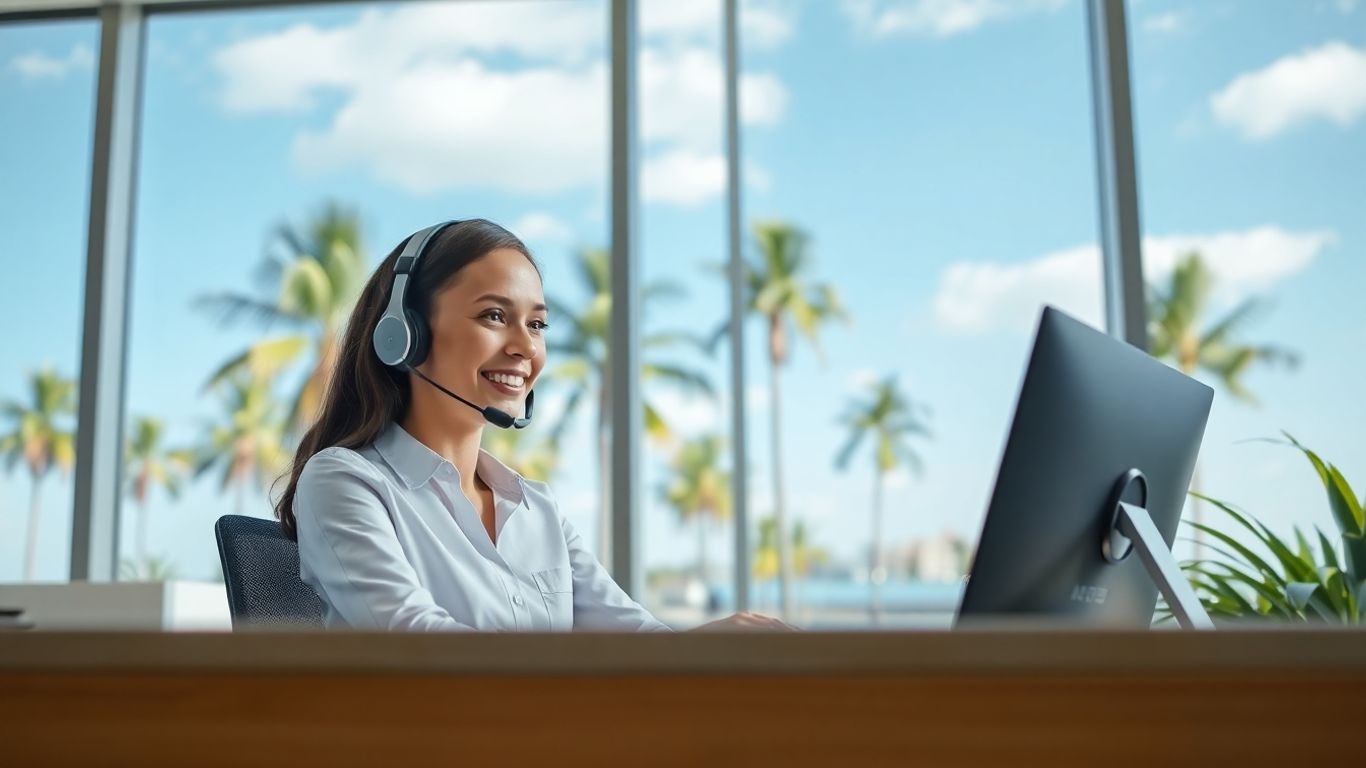 Receptionist with headset answering call in sunny office