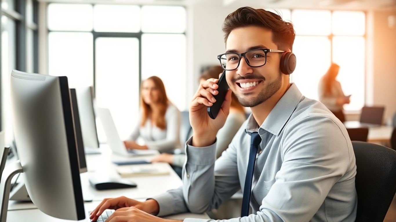 Professional answering phone in modern business office