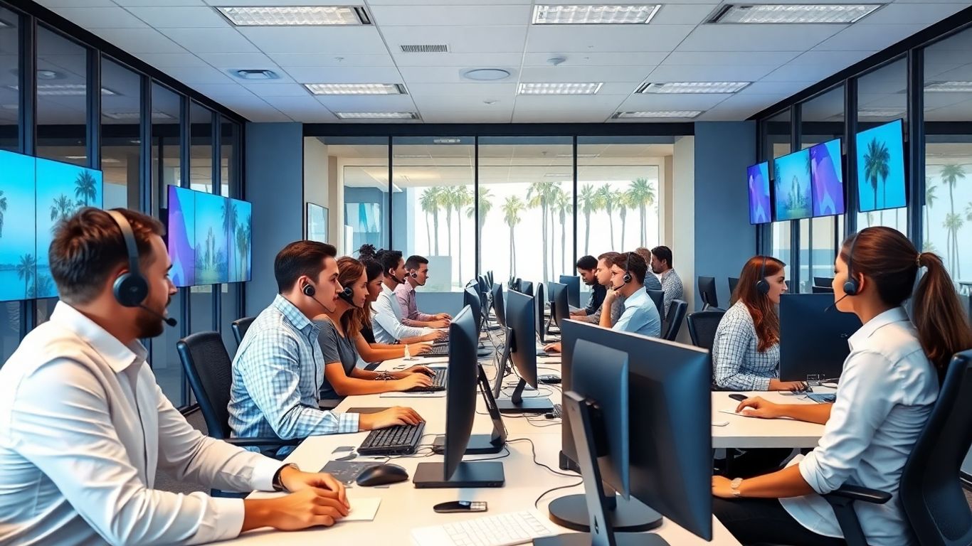 Business professionals using headsets in modern office setting