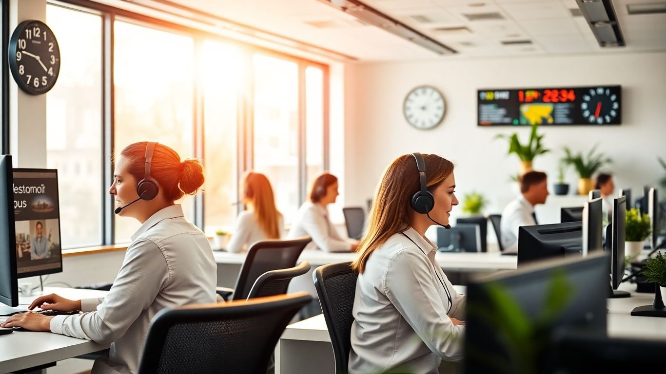 Friendly call center operators with morning sunlight and digital clocks.