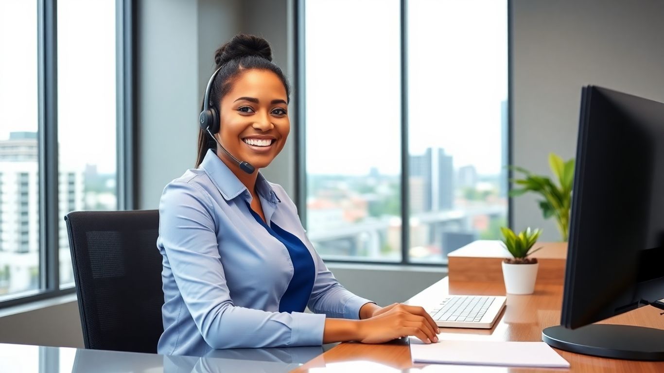Receptionist on phone at office with Kissimmee city view