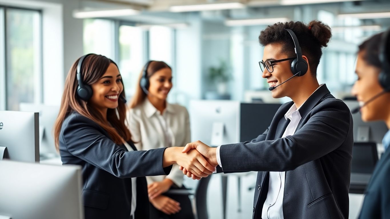 Professionals using headsets in a modern office partnership setting