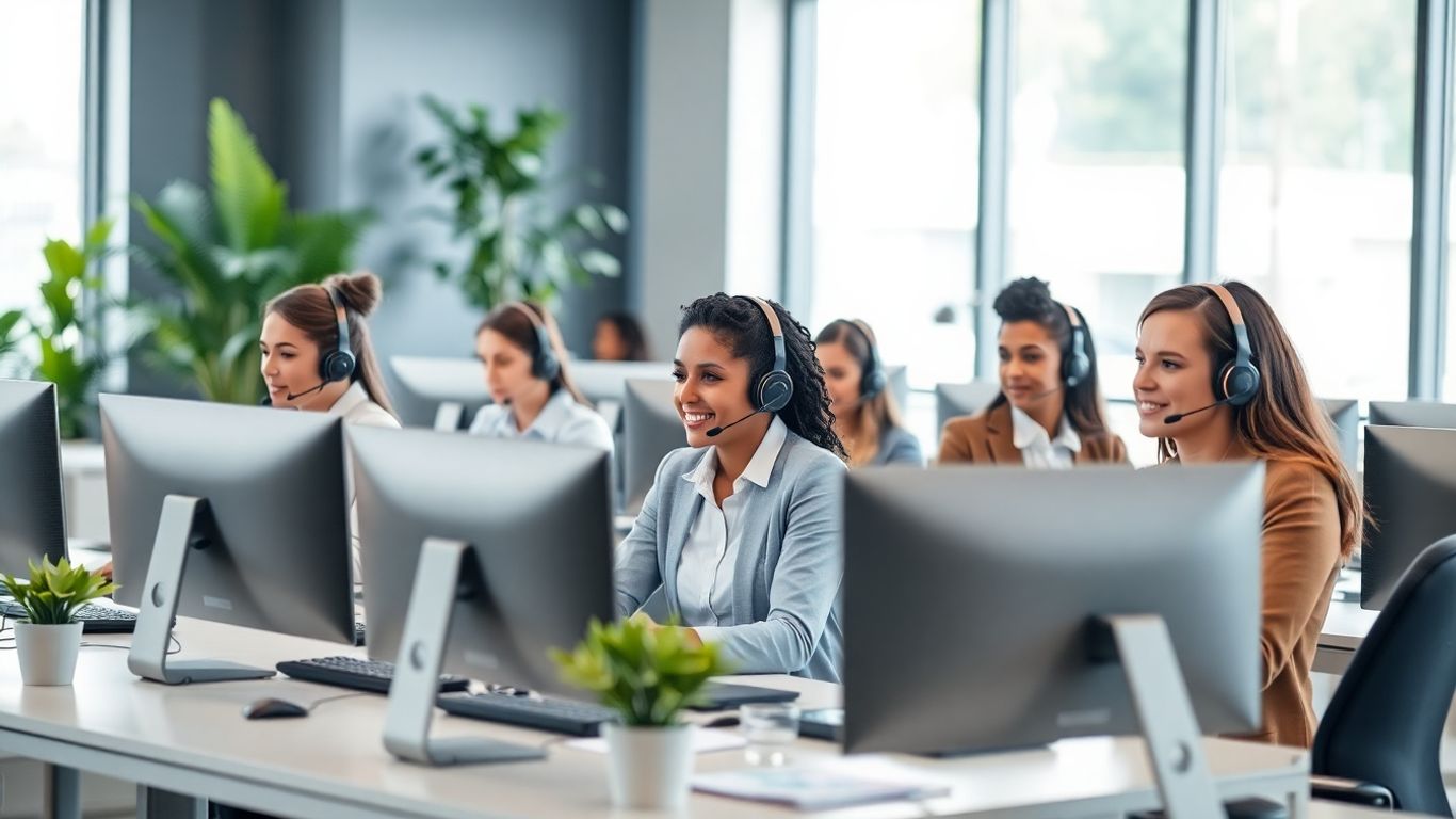 Business team answering phones in modern office setting