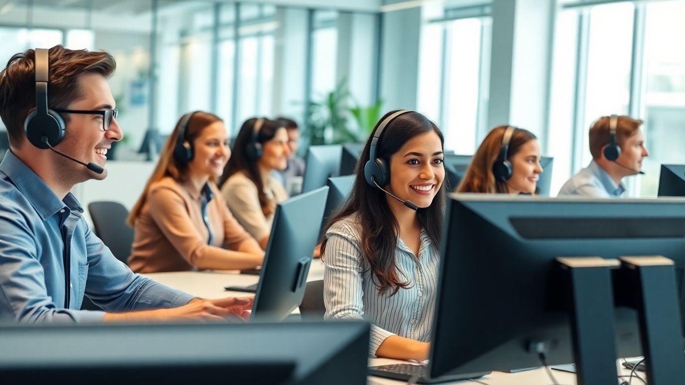 Friendly call center team taking customer calls