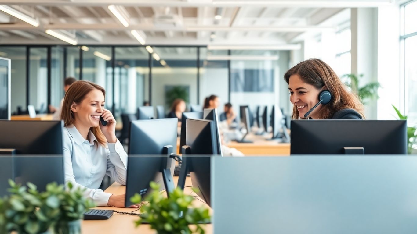 Receptionist answering phone in bright modern business office