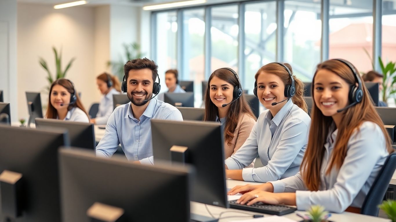 Customer service agents routing business calls in bright office