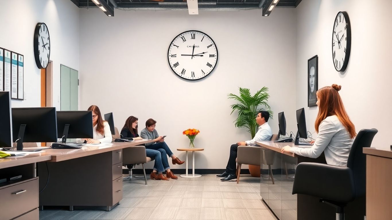 Receptionists scheduling appointments in a busy office setting.