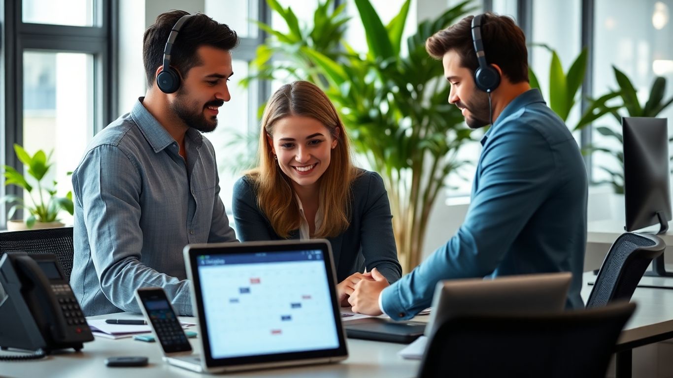Two coworkers using digital calendar and phone in office