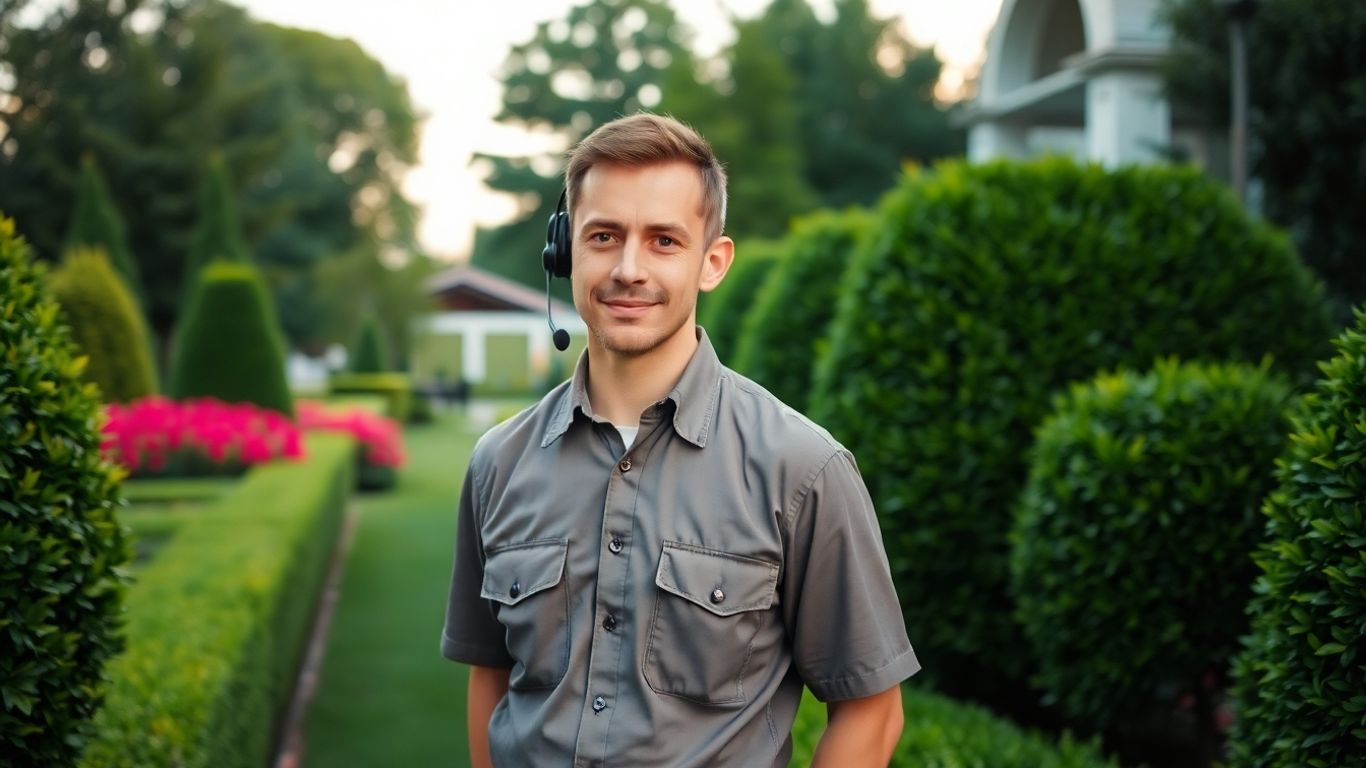 Landscaper answering call in a vibrant garden setting