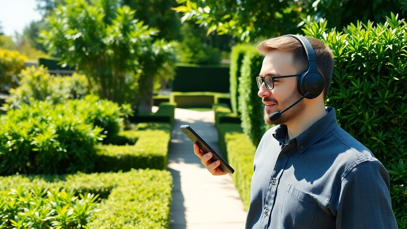 Landscaper with headset in lush garden on phone call
