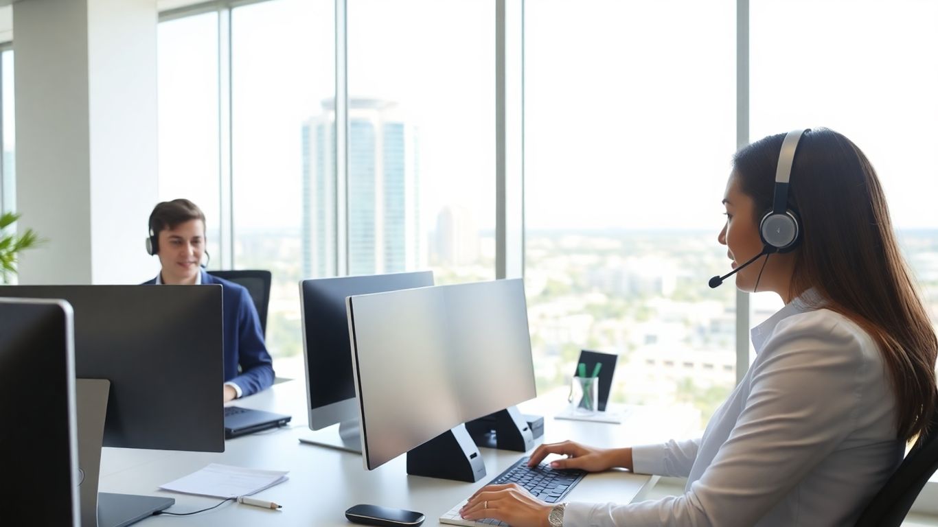 Business professionals using headsets in bright Boca Raton office