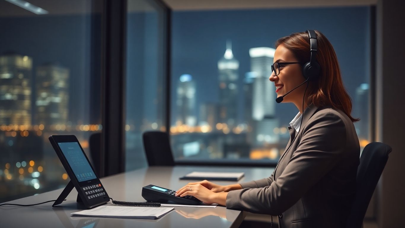 Receptionist answering calls in an office at night.