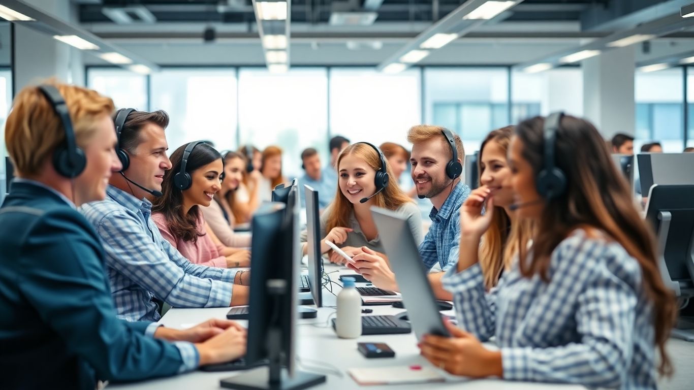 Customer service agents using phones and computers in office.