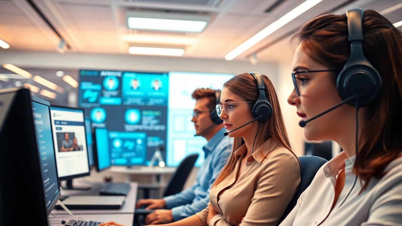 Futuristic call center agents helping customers in high-tech office