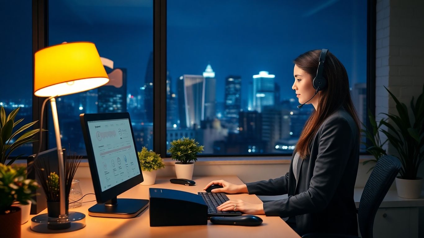 Receptionist at night answering calls in office