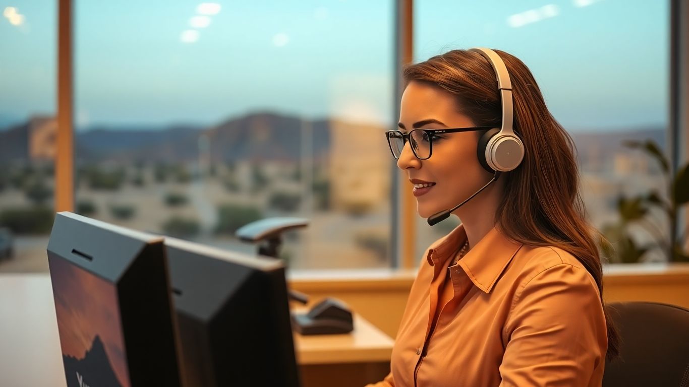 Receptionist with headset in office and Yuma map