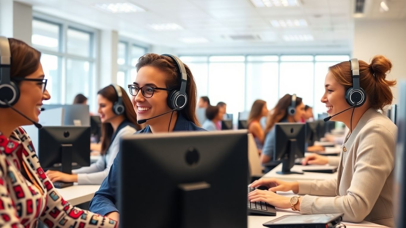 Call center agents assisting customers on phones