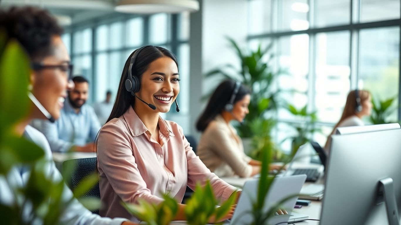 Customer service team answering calls in modern office