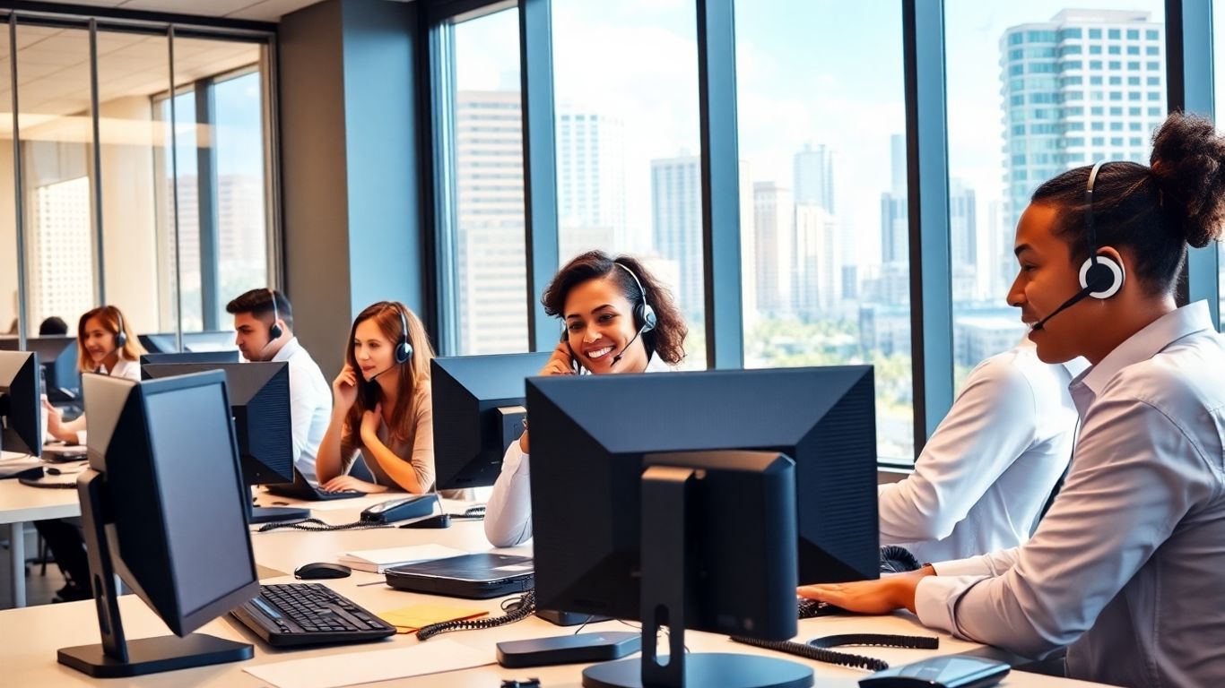 Office staff using phones with city view windows