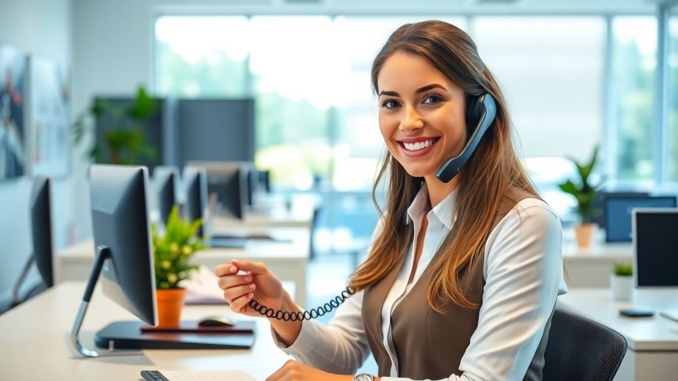 Receptionist answering a phone in a modern office.
