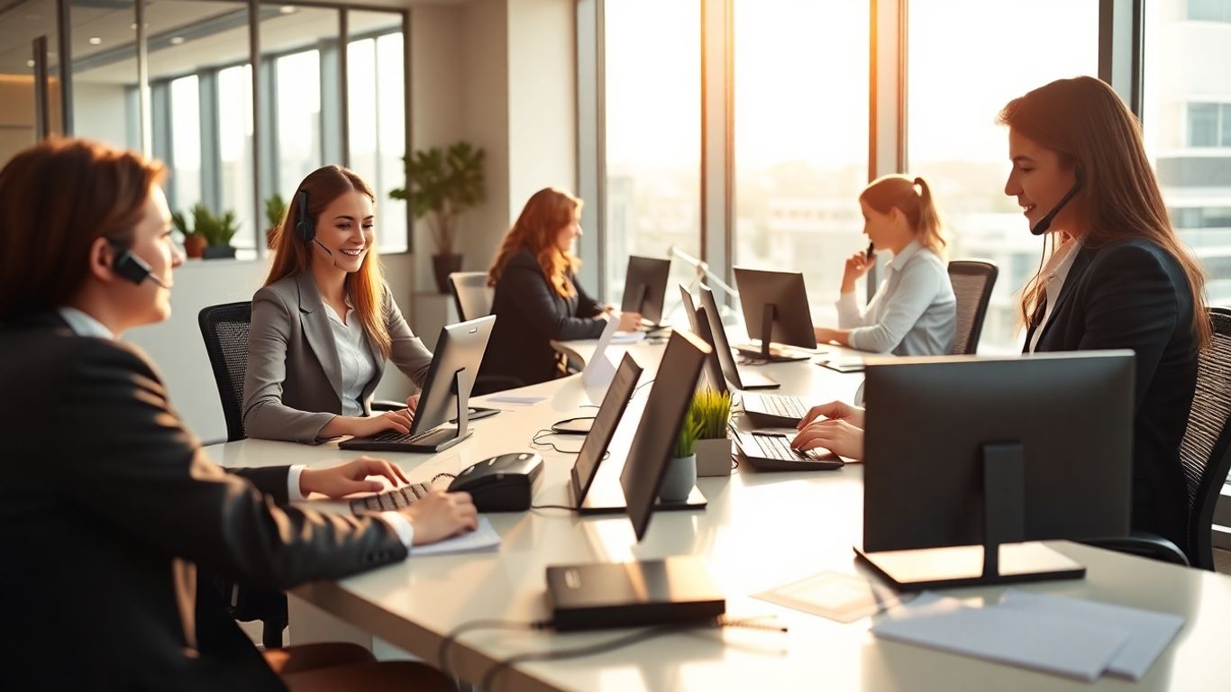 Smiling receptionists answering calls in bright modern office.