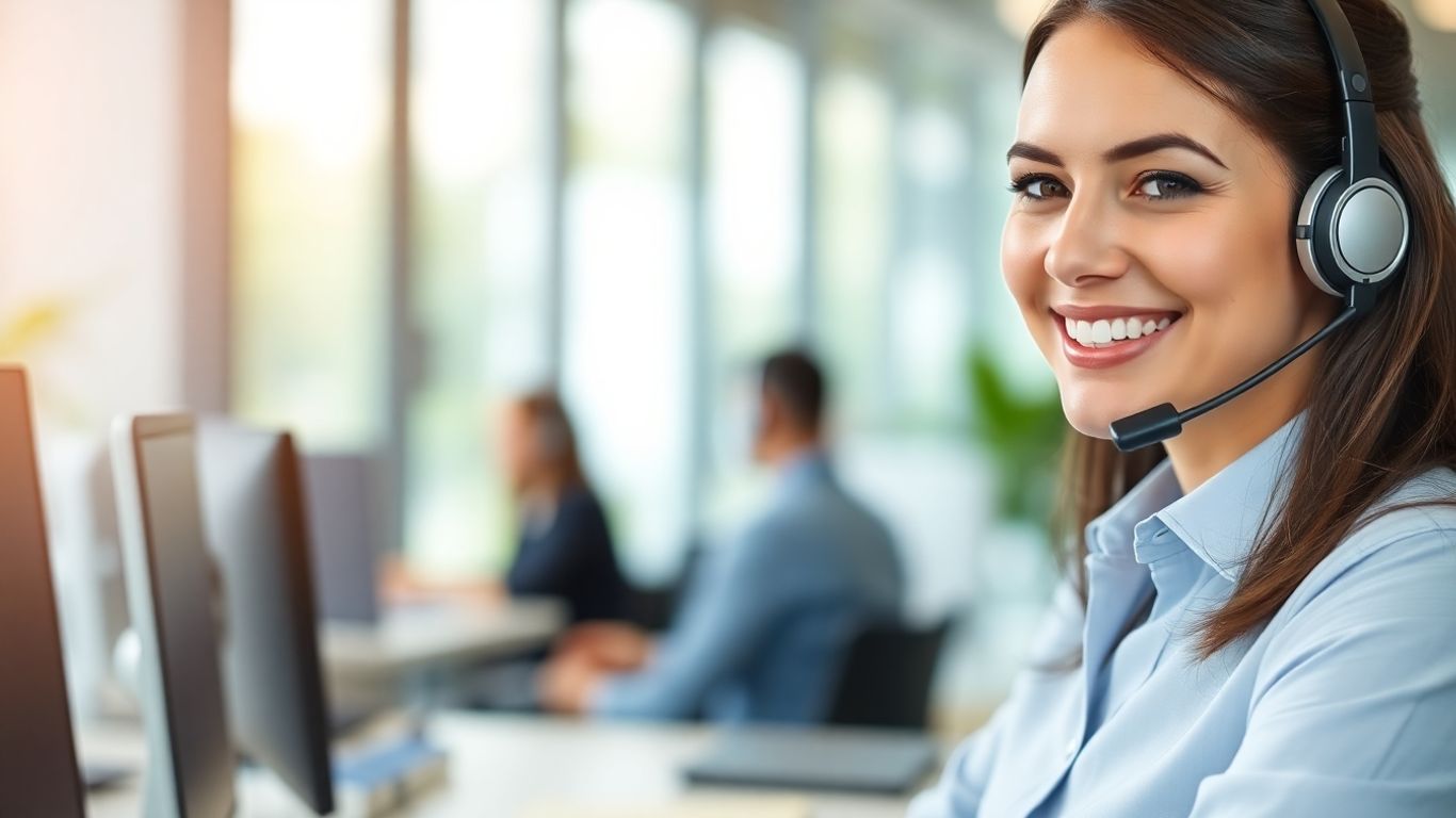 Friendly call center agent in modern office workspace