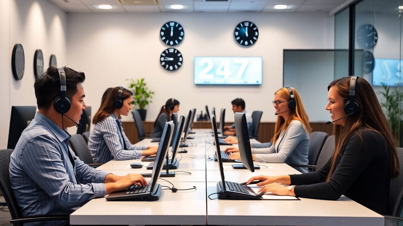 Call center staff providing business support in modern office
