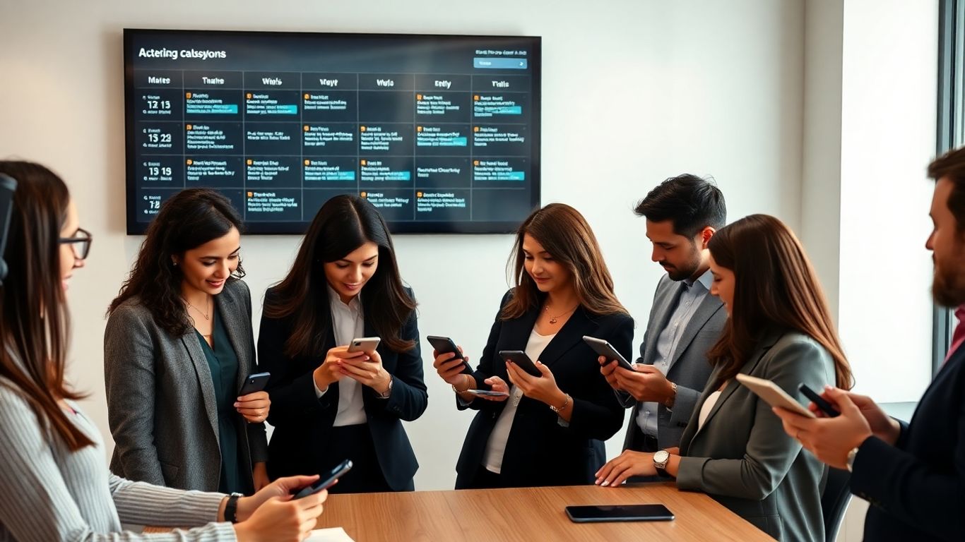 Professionals managing appointments with digital devices in office